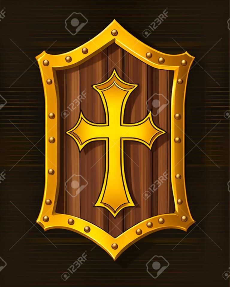 Golden Christian Cross and Shield of Faith. Religious Symbol. Creative Christian Icon. Protection, Safety, Security Sign. Gold Shield with Cartoon Wooden Texture