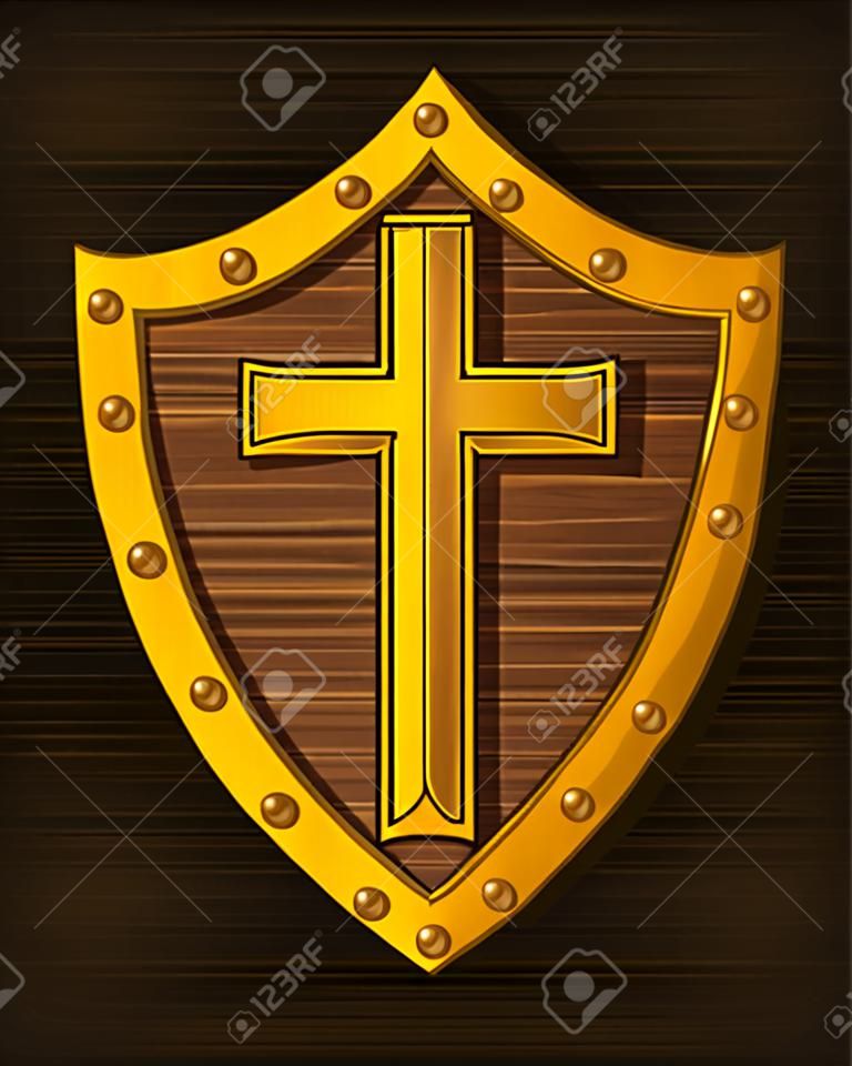 Golden Christian Cross and Shield of Faith. Religious Symbol. Creative Christian Icon. Protection, Safety, Security Sign. Gold Shield with Cartoon Wooden Texture