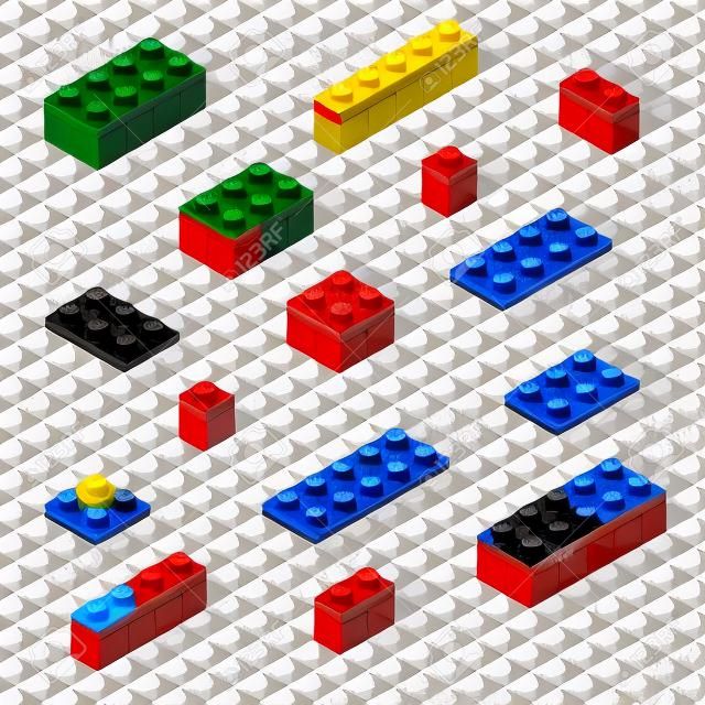 Haga su propio conjunto de bloques de lego en vista isométrica. Imagen vectorial de bricolaje.