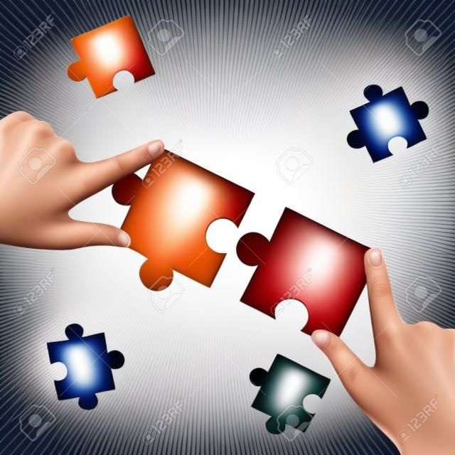 Hands connect two pieces of jigsaw puzzle. Business solutions, success, teamwork and strategy concept. Vector illustration