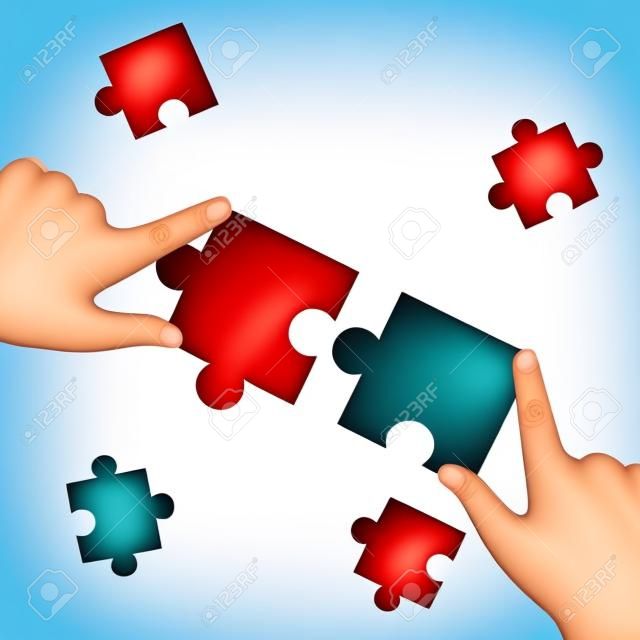 Hands connect two pieces of jigsaw puzzle. Business solutions, success, teamwork and strategy concept. Vector illustration
