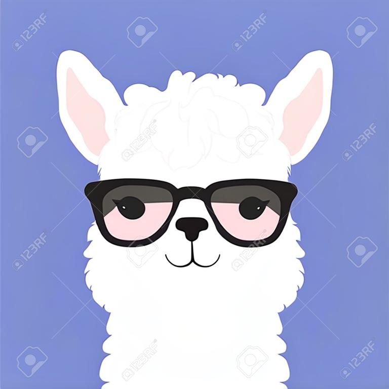 Cute cartoon llama in glasses. Animal portrait. Alpaca vector illustration isolated on background