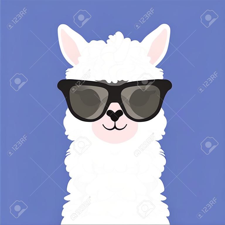 Cute cartoon llama in glasses. Animal portrait. Alpaca vector illustration isolated on background