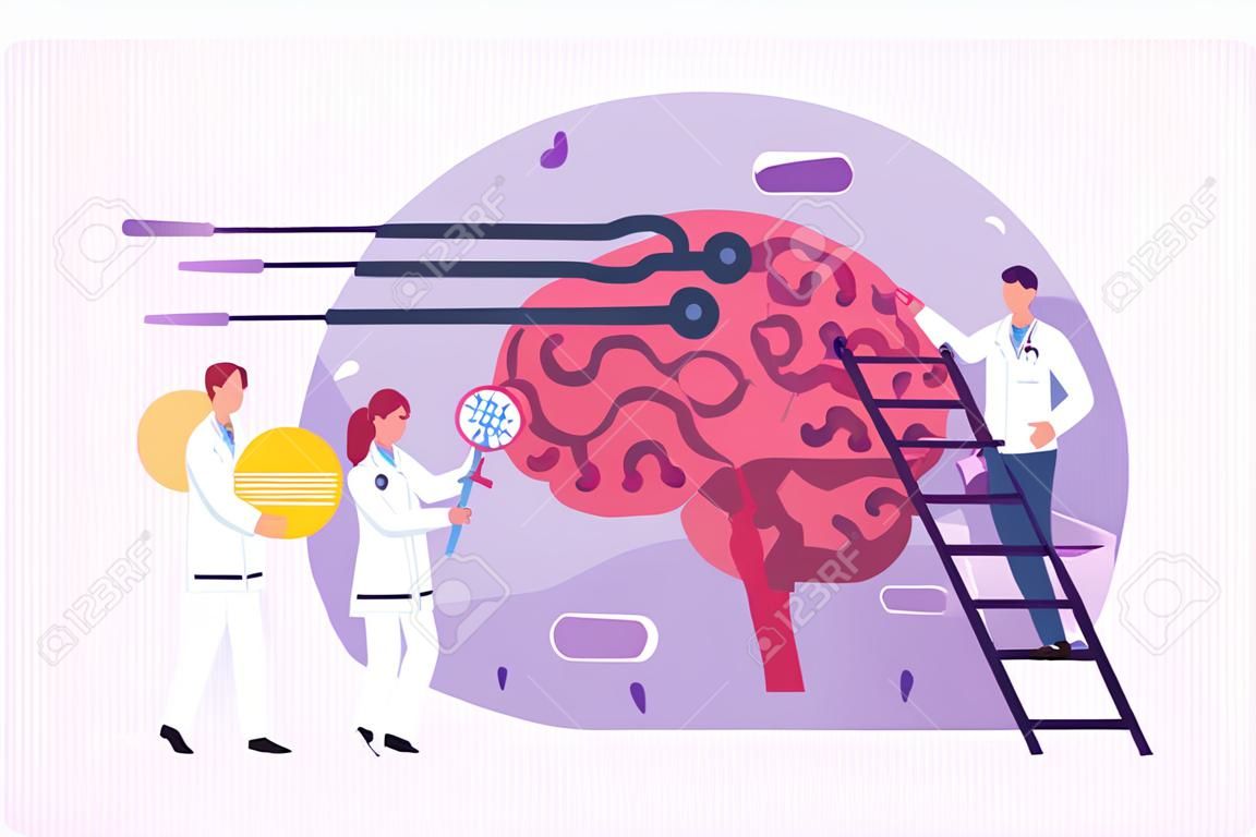 Diagnóstico de neurología, Ilustración de vector de concepto de neurobiología. Neurólogo Pequeños médicos tratan, inspeccionan el cerebro humano.