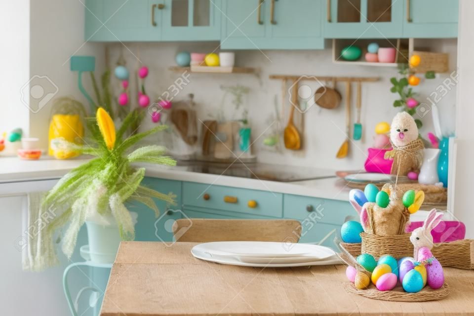 Decoración de Pascua con huevos coloridos en una cesta y un conejo en la mesa de la cocina en un interior festivo de estilo rústico de una casa de campo