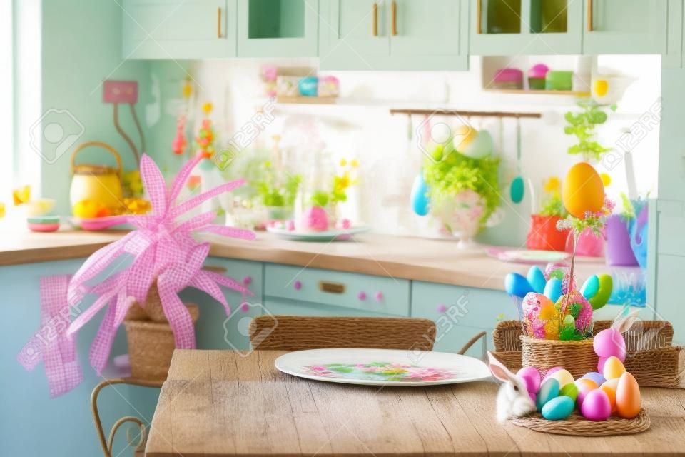 Decoración de Pascua con huevos coloridos en una cesta y un conejo en la mesa de la cocina en un interior festivo de estilo rústico de una casa de campo