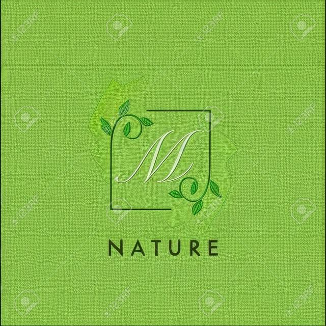 M initial letter square leaf green nature floral   template