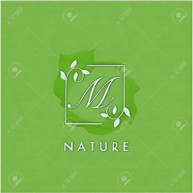 M initial letter square leaf green nature floral   template
