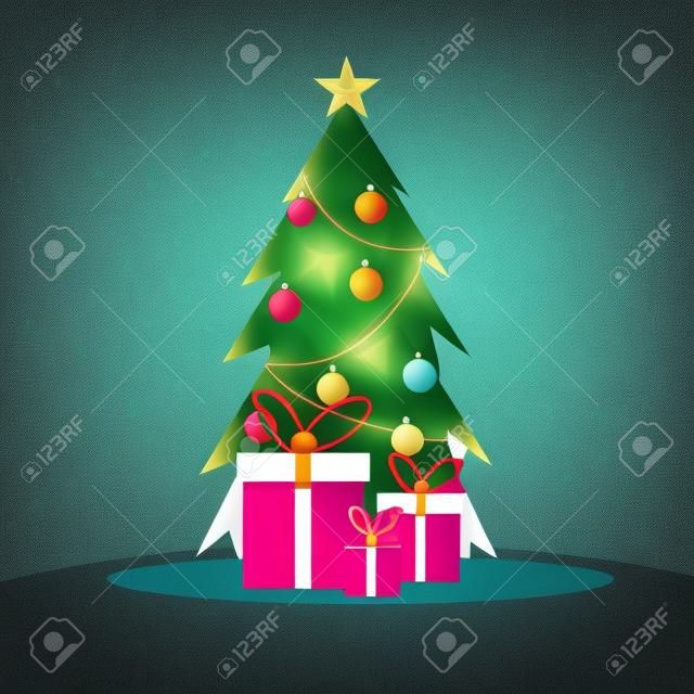 Christmas tree with gifts in flat style.