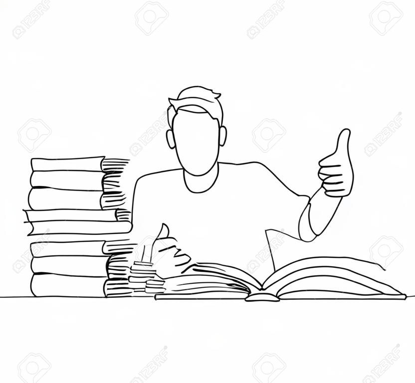 One line drawing of young happy male college student studying and reading stack of books in library while gives thumbs up gesture. Education continuous line draw graphic design vector illustration