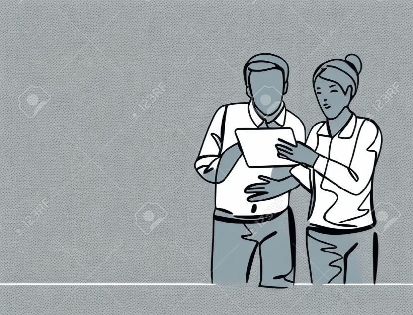 Un dibujo de una sola línea de dos jóvenes trabajadores masculinos y femeninos viendo los movimientos de las acciones en una tableta juntos en la oficina. Ilustración de vector gráfico de diseño de dibujo de línea continua de concepto de corredor de bolsa