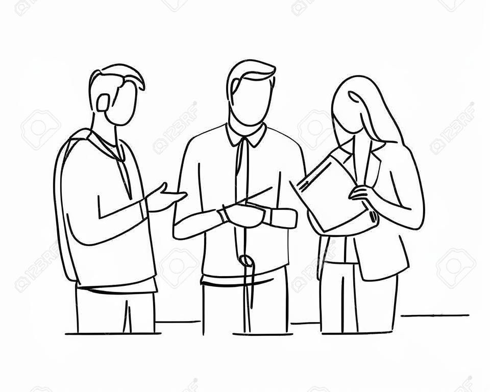 Uma única linha de desenho de jovens trabalhadores felizes do sexo masculino e feminino falando sobre o projeto da empresa juntos ao abrir o documento.