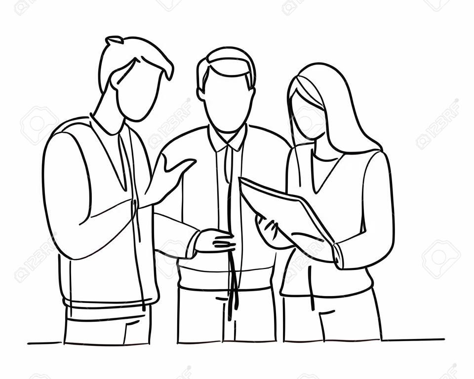 Uma única linha de desenho de jovens trabalhadores felizes do sexo masculino e feminino falando sobre o projeto da empresa juntos ao abrir o documento.