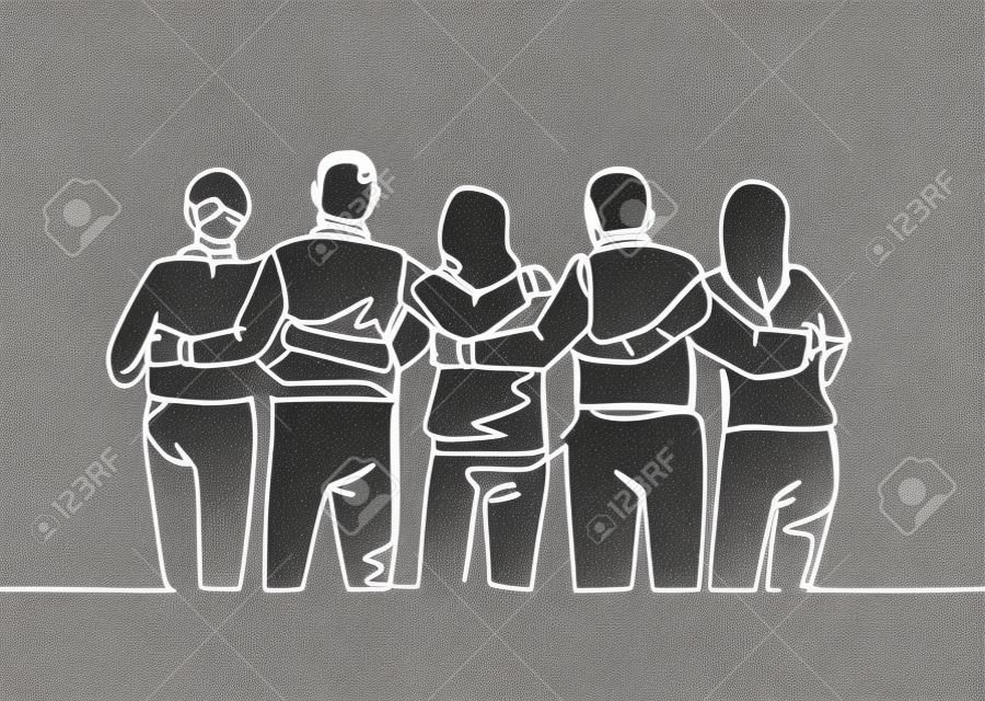 Pojedyncza ciągła linia przedstawiająca grupę mężczyzn i kobiet z wieloetnicznej pozycji i przytulających się razem, aby pokazać ich jedność. koncepcja przyjaźni jedna linia rysuje projekt ilustracji wektorowych
