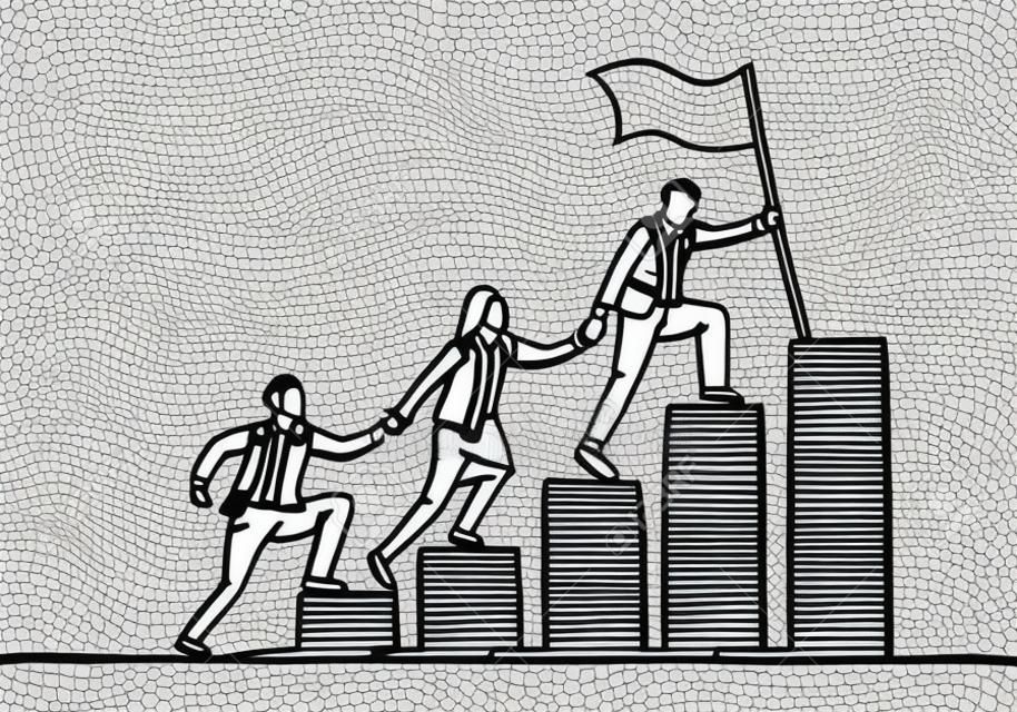 Single continuous line drawing of team members holding hands together following their leader who hold flag climbing up stairs step by step. Teamwork concept one line draw design vector illustration