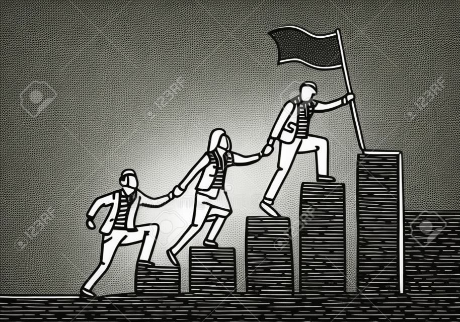 Single continuous line drawing of team members holding hands together following their leader who hold flag climbing up stairs step by step. Teamwork concept one line draw design vector illustration