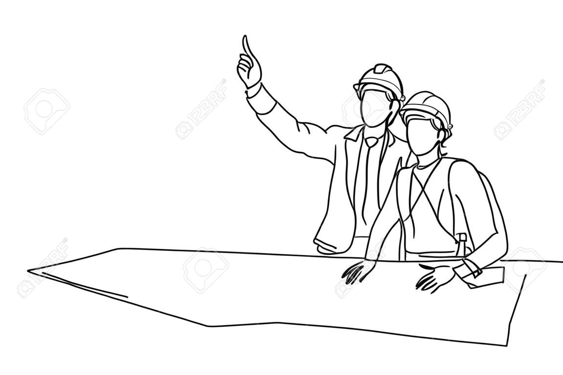 Single continuous line drawing of young construction manager giving instruction to builder coordinator at site meeting. Building architecture business concept. One line draw design vector illustration