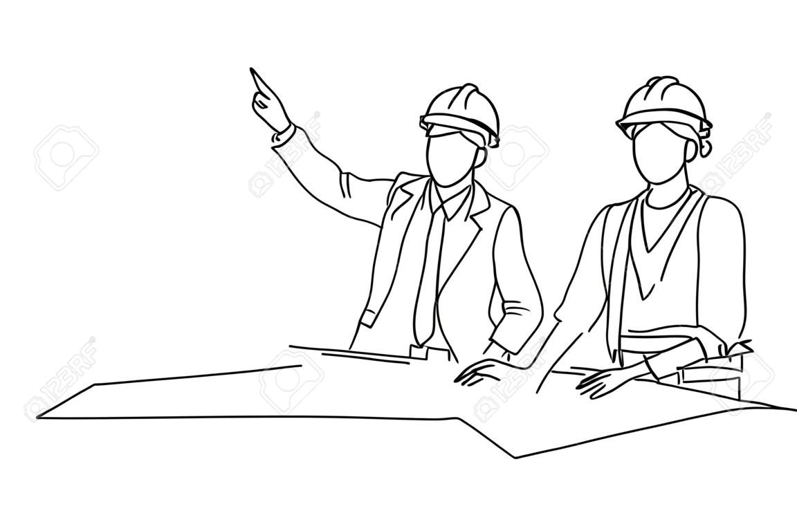 Single continuous line drawing of young construction manager giving instruction to builder coordinator at site meeting. Building architecture business concept. One line draw design vector illustration