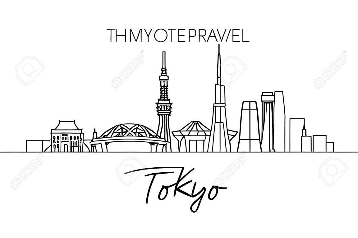Single continue lijn tekening van Tokio stad skyline, Japan. Beroemde stad schraper en landschap. Wereldreis concept home muur decor poster print kunst. Moderne een lijn trekken design vector illustratie