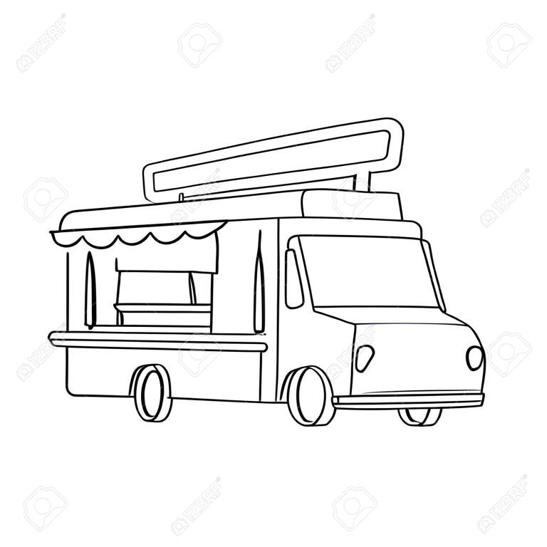 One continuous line drawing of vintage food truck for festival logo emblem. Mobile fast food cafe shop logotype template concept. Modern single line draw design vector graphic illustration
