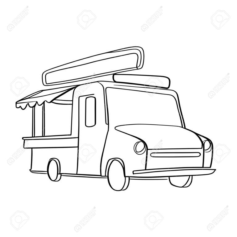 One continuous line drawing of vintage food truck for festival logo emblem. Mobile fast food cafe shop logotype template concept. Modern single line draw design vector graphic illustration
