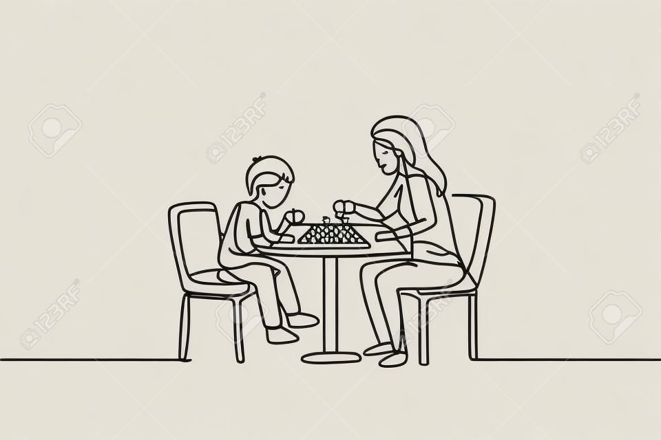 nico desenho de linha contínua da jovem mãe sentada na cadeira, pense seriamente jogando xadrez contra seu filho em casa. Conceito de paternidade familiar feliz. Ilustração vetorial de desenho de uma linha na moda