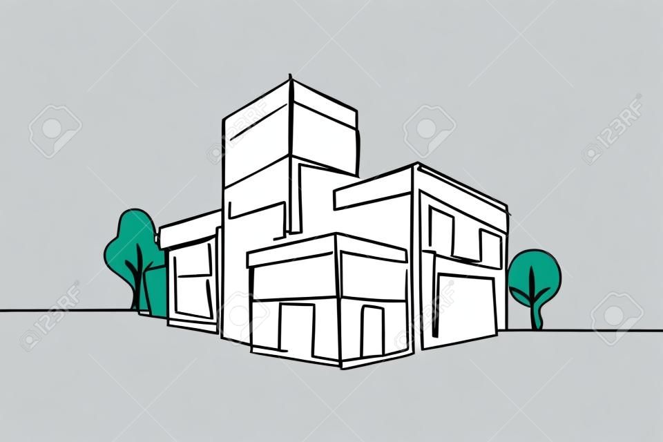 Single continuous line drawing luxury house building at big city. Home architecture property isolated minimalism concept. Dynamic one line draw graphic design vector illustration on white background
