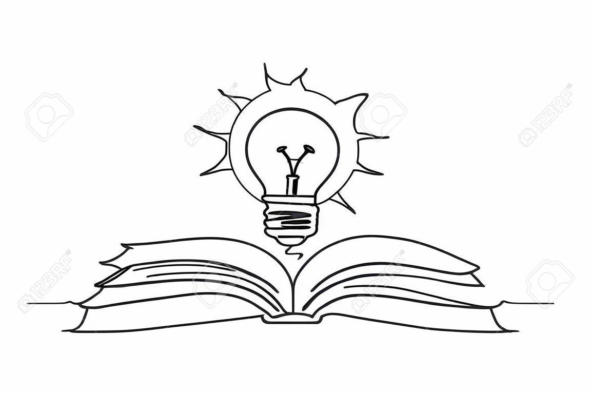 Single continuous line drawing of open book with shining light bulb upside logo label. Public library icon label concept. Trendy one line draw graphic design vector illustration