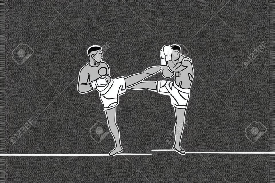 One continuous line drawing of young sporty man kickboxer athlete fight seriously at the national competition. Combative kickboxing sport concept. Dynamic single line draw design vector illustration