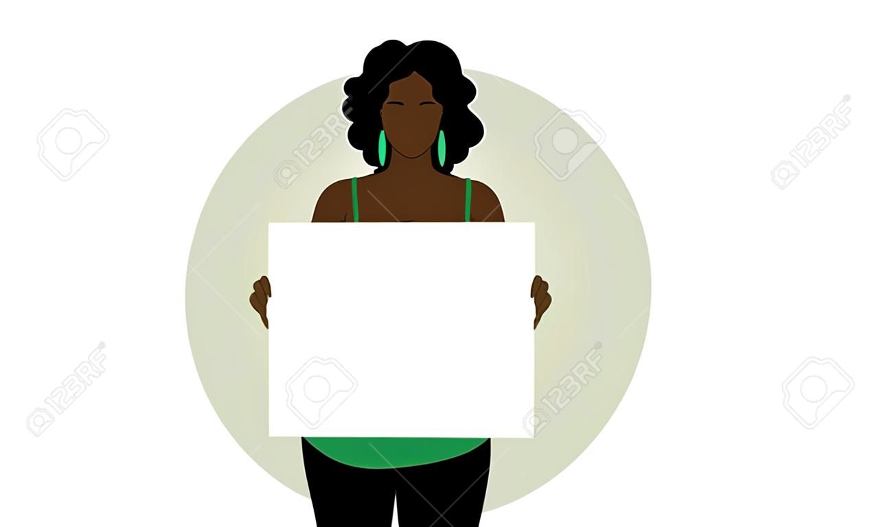 Black woman with curly hair holding blank sign with copy space with room for text. Girl is standing against green circle and isolated against white background. Great for notices, protests and banners.