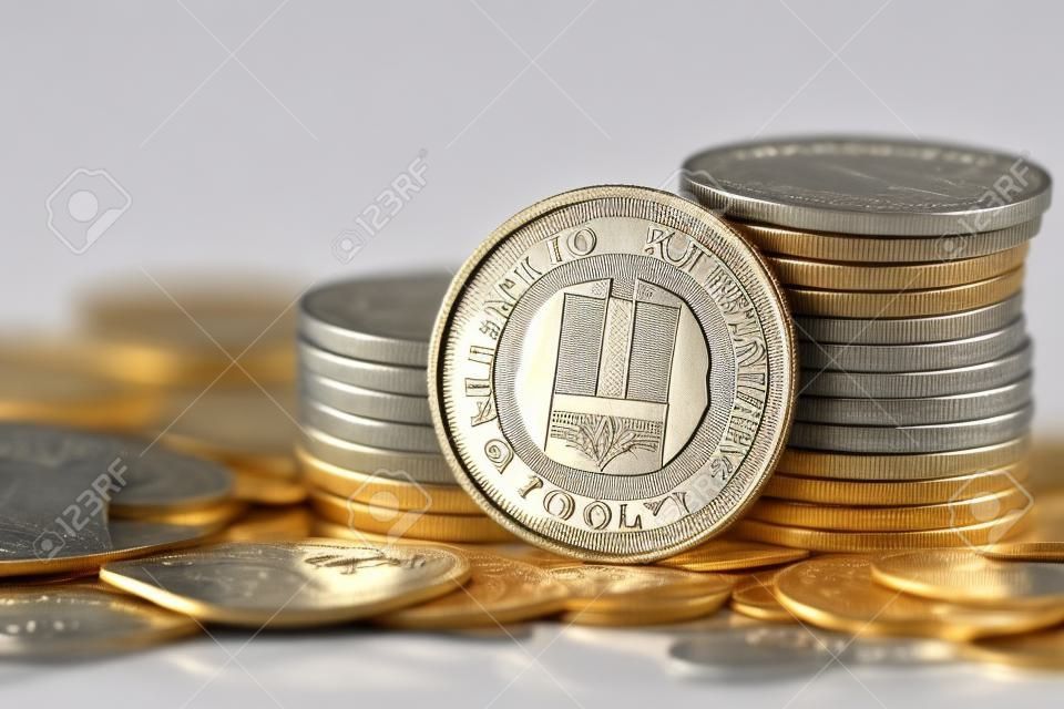 Polish 1 zloty coin. PLN, Polish money, a stack of coins