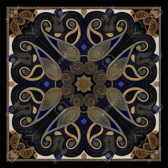 Vector bandana print met paisley ornament. Katoen of zijde hoofddoek, kerchief vierkante patroon ontwerp, oosterse stijl stof.