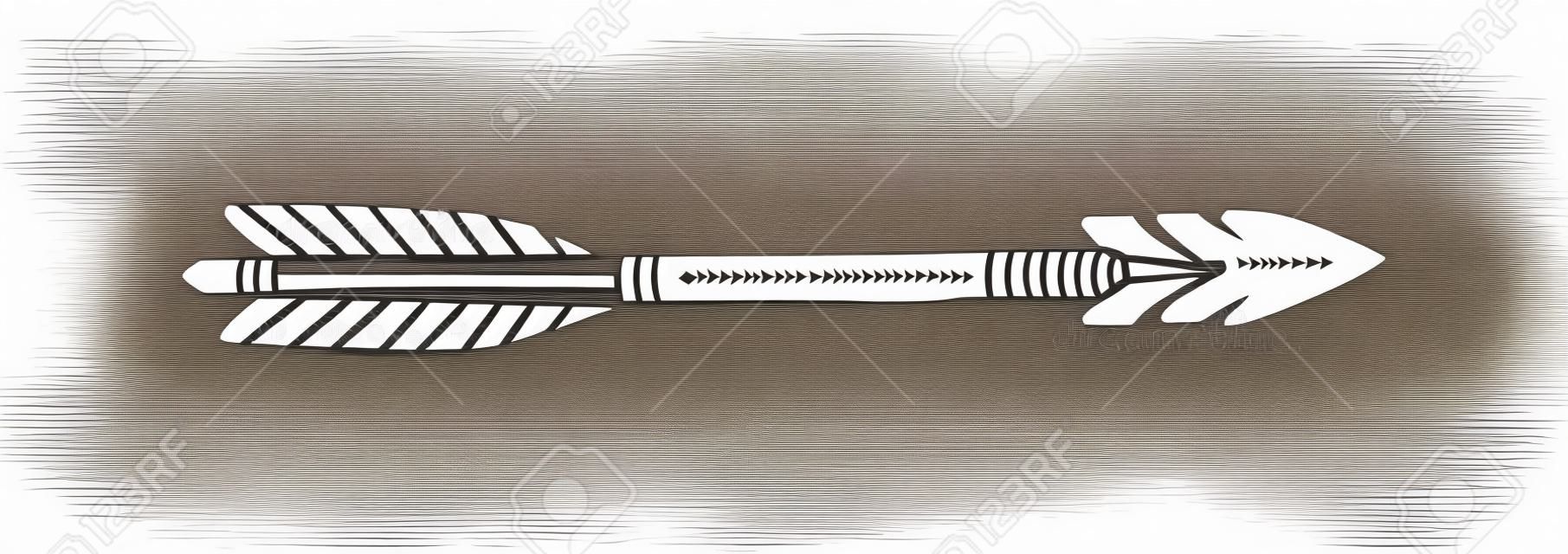 Dibujar a mano silueta Flecha india étnica. Ilustración vectorial de flechas tribales aisladas sobre fondo blanco con textura grunge.