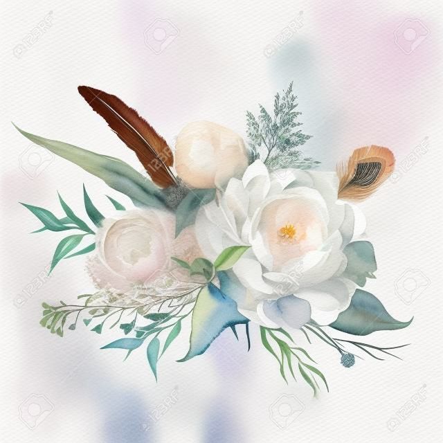 Bouquet d'aquarelle fait de pivoines blanches de floraison, de plumes de faisan sauvage, d'herbes sauvages et de feuillage. Arrangement de fleurs de printemps romantique. Décoration de mariage Vintage isolé sur blanc.