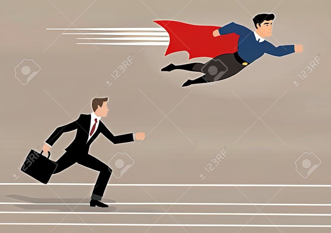 El hombre de negocios mosca superhéroe pasar su competidor. Concepto de competencia empresarial