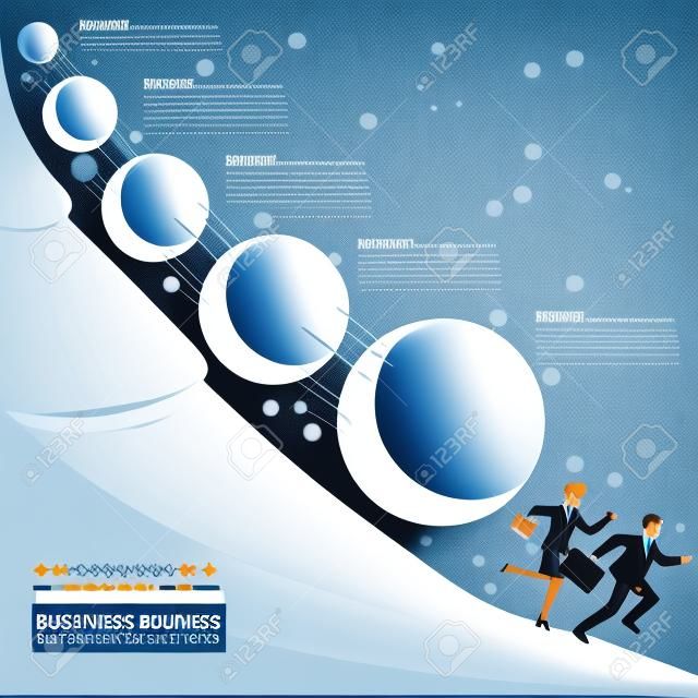 Business man and woman running away from snowball effect. Business concept infographic