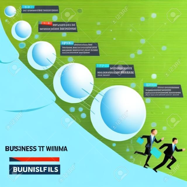 Business man and woman running away from snowball effect. Business concept infographic