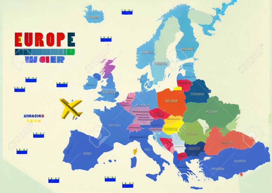 Europe map with color and name illustration