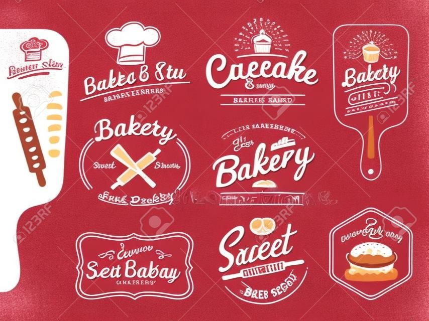 Állítsa be a pékség és a kenyér logo címkék tervezése cukorkák bolt, pékség, cukrászda, étterem, sütni üzlet vektoros illusztráció összes típus használható ingyenes a kereskedelmi font.