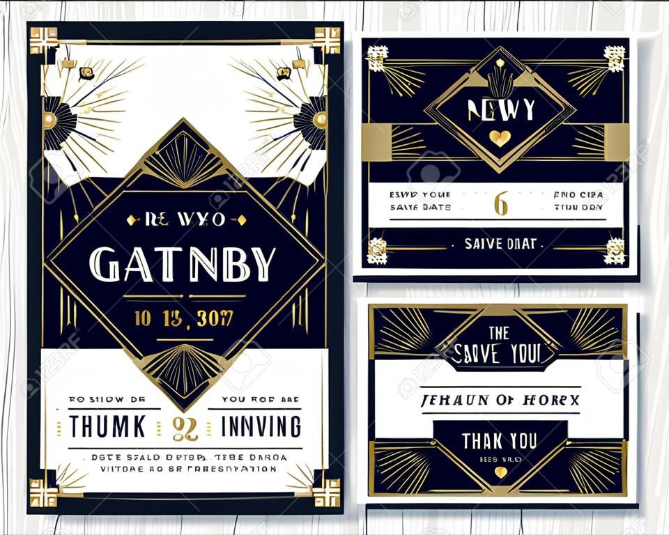 Великий Гэтсби арт-деко свадебные приглашения шаблона дизайна. Включить RSVP карты, Сохранить Дата карты на, спасибо меток. Классический Премиум Стиль Vintage кадр вектор.