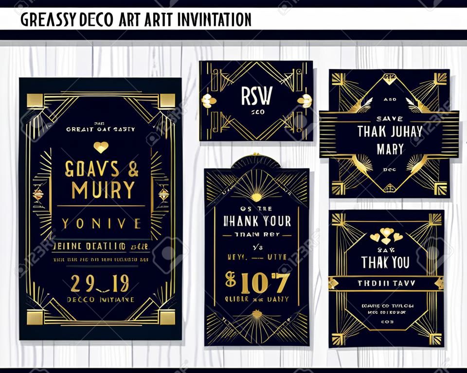 グレート ・ ギャツビー アールデコ結婚式招待状デザイン テンプレートです。日付カード、ありがとうございますタグ保存の RSVP カードが含まれます。クラシック プレミアム ヴィンテージ スタイル フレーム ベクトル イラスト。