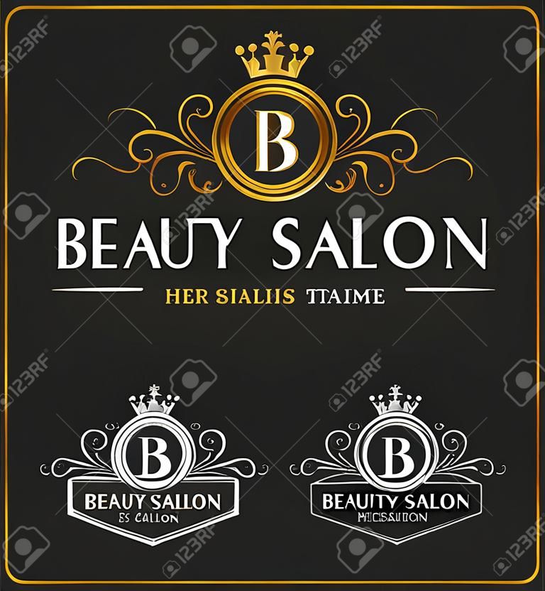 Salón de belleza Heráldico Crest Logo Design Template. Flourish logotipo del monograma de la línea. Ilustración vectorial