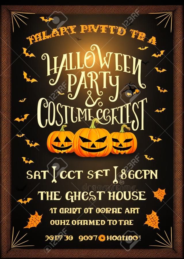 Tipografia Halloween Party e concurso de fantasia Cartão de convite com design de abóboras assustadoras. Textura de Grunge fácil de remover.