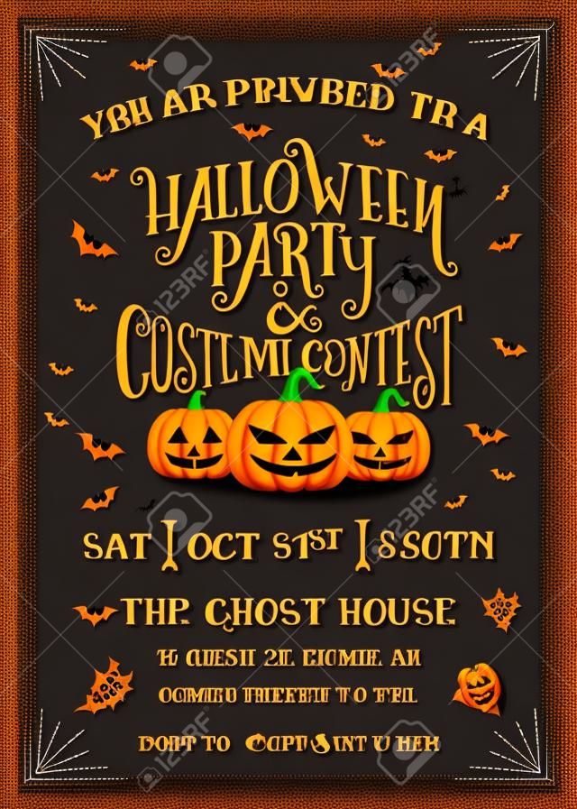 Tipografia Halloween Party e concurso de fantasia Cartão de convite com design de abóboras assustadoras. Textura de Grunge fácil de remover.