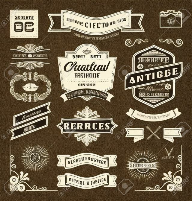 Set of retro vintage graphic design elements. Sign, frame labels, ribbons, symbols, crowns, corner, flourishes line and ornaments.