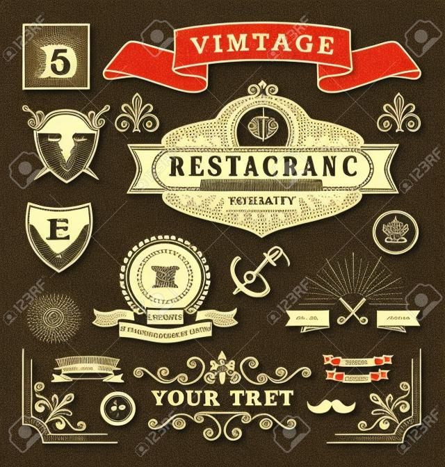 Set of retro vintage graphic design elements. Sign, frame labels, ribbons, symbols, crowns, flourishes line and ornaments.