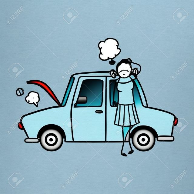 Cartoon Stick Figure Woman With Broken Down Car