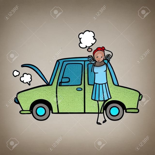 Cartoon Stick Figure Woman With Broken Down Car