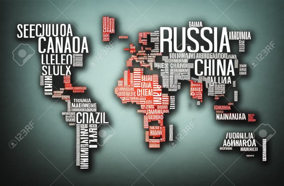 Mapa świata z nazwą państwa Tekst lub Typografia