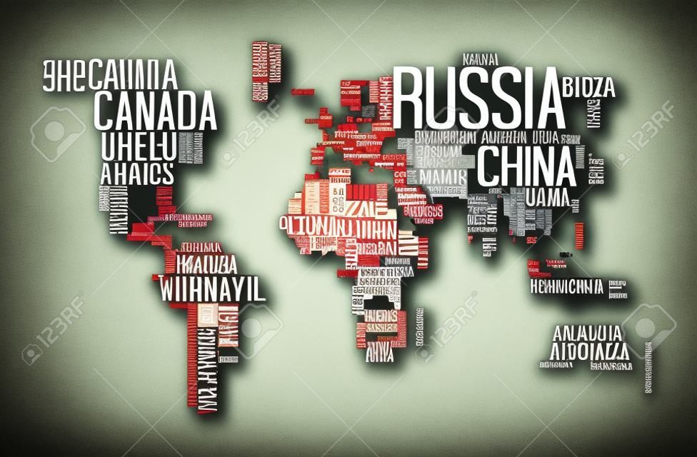 世界地图上有国家/地区名称的文字或版式